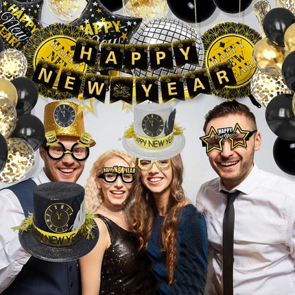 Black Gold New Year's Eve Decoration, New Year's Eve Decoration 2025 XXL Decoration Set, Foil Balloon New Year's Eve Decoration, Happy New Year Cone Hats for 2025 New Year Party Decorations