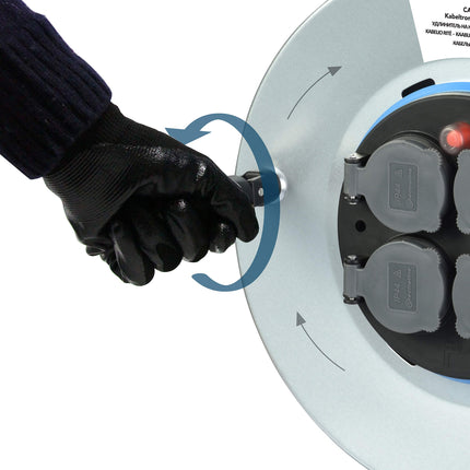 Electraline Pro-Line 49071, metallkaablirull, professionaalne ja fikseeritud plaadiga, kummikaabel H07 RN-F 3G1.5 50 m kaabel-IP44 välistingimustes kasutamiseks/kaablirull 4 Schuko pistikupesaga, metall