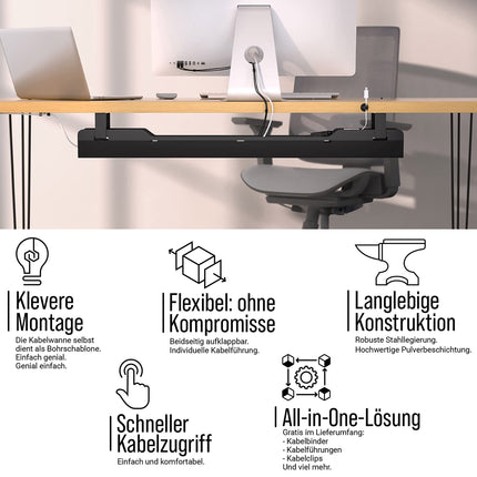 Ultimate Setup® kaablirenniga laud parimaks kaablihalduseks – peida kaablid lihtsalt laua kaablirenni sisse (must)