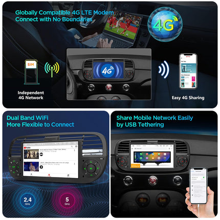 XTRONS 7-tolline IPS Android 14 autoraadio Octa Core 4GB 64GB multimeediapleier FIAT 500-le (2007-2015) Sisseehitatud 4G LTE automäng Android Auto AKM DSP GPS Bluetooth 5.0 WiFi Valikuline DAB OBD TPMS DVR