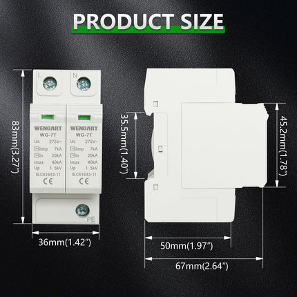 Wengart surge protection device WG-7T, T1+T2 level protection, 2P limp7kA 20-40kA AC275V, household surge protection, DIN rail mounting