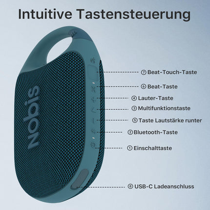 NOBIS Clip N1 Portable Bluetooth Speaker with App, Beat Mode, Up to 24 Hours Playtime, IP68 Waterproof, BT 5.3, HD Sound, Stereo Pairing, Custom EQ, Perfect for Outdoors (Blue)