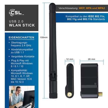 CSL - 300 Mbps WLAN Stick with Removable Antenna - Wireless LAN - USB 2.0 Stick - Mini Dongle 802.11nbg - SMA Jack 150 54 - Windows 11 Compatible - Black