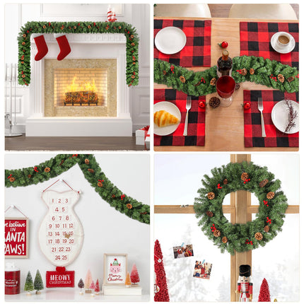 Christmas garland 270 cm, Uten fir garland with red berries and pine cones, Christmas decoration green, for door, stairs, wedding