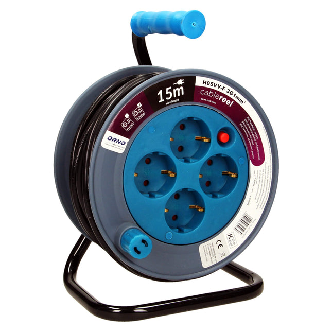 Orno AE-1339 minikaablirull 15m 4 pistikupesaga, metallaluse ja termokaitsega || 2300W / 10A, 230V~, 50Hz || 18 x 24,5 x 14 cm (sinine)