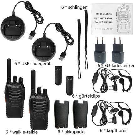 Walkie Talkie PMR446 License-Free Two-Way Radio, Pofung PT88E 16 Channels Professional Rechargeable Long Range Walkie Talkies with EU Charger and Earpieces Black 6 Pack