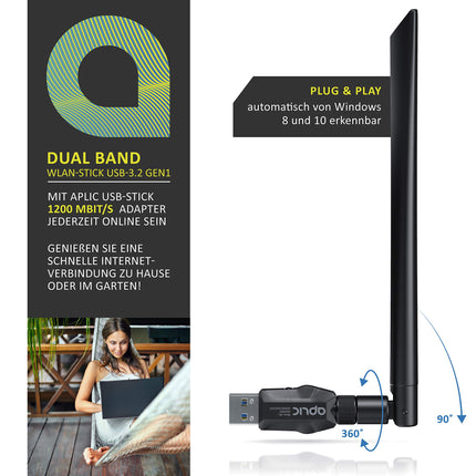 CSL - WLAN-adapter 1200MBit/s - 2.4Ghz + 5Ghz - kahesageduslik - 5 dBi väline antenn - mini WiFi-pulk 1200 MBit/s - traadita LAN - USB 3.2 Gen.1 võrguadapter - lauaarvutile, sülearvutile - ka Windows 11-ga