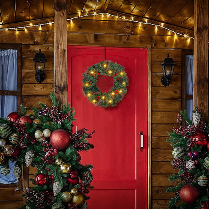 Christmas wreath Advent wreath hanging with hook, 40CM door wreath Christmas outdoor decoration with lighting, artificial Christmas wreath front door