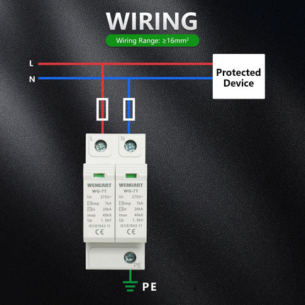 Wengart surge protection device WG-7T, T1+T2 level protection, 2P limp7kA 20-40kA AC275V, household surge protection, DIN rail mounting