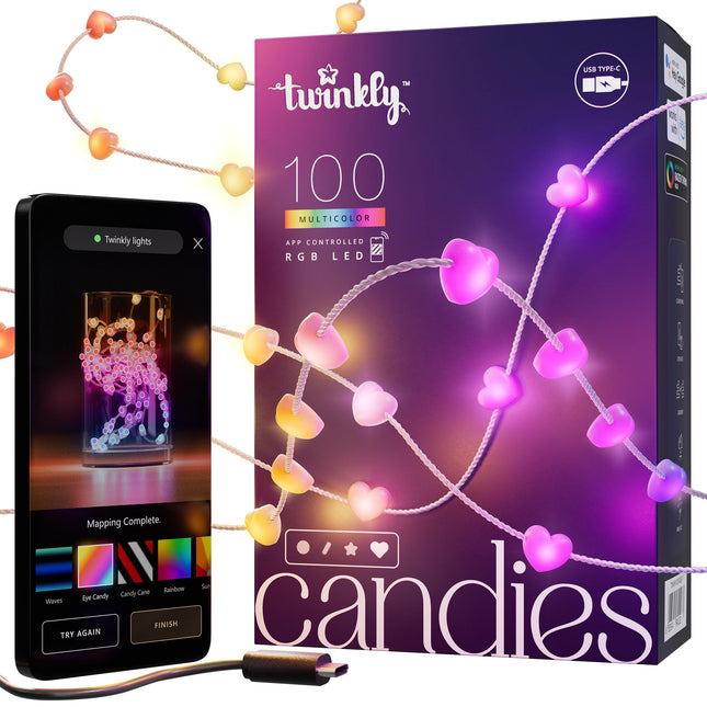 Twinkly Strings USB-C Hearts 100 LED, südamekujulised LED-kettvalgustid, RGB LED-tuled, mitmevärvilised, valentinipäeva tuled, ühildub Alexa ja Google Home'iga, USB-C, läbipaistev kaabel, 6m