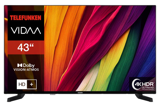 Telefunken TV 43-tolline nutiteler VIDAA D43U790B2CW 4K UHD teler, HDR-teler Dolby Visioniga, kolmekordne tuuner ja 6-kuuline HD+ garantii, must LED-teler