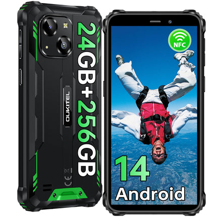 OUKITEL WP32 PRO Outdoor Smartphone Android 14, 24(6+18) GB RAM + 256GB ROM/1TB Outdoor Mobile Phone Without Contract, 6300mAh, 20MP Camera, 6.0” HD, IP68 Waterproof Construction Site Phone, Dual 4G SIM/NFC/OTG/Face ID