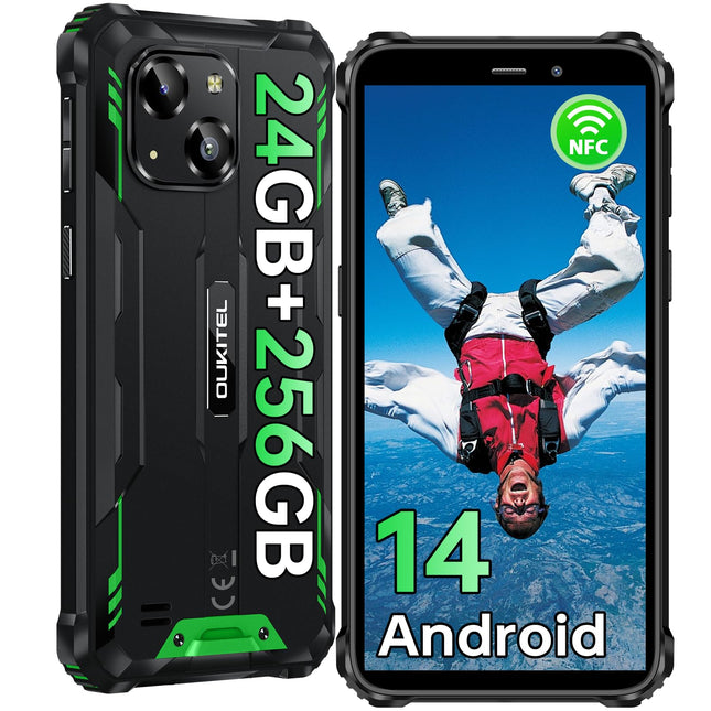 OUKITEL WP32 PRO Outdoor Smartphone Android 14, 24(6+18) GB RAM + 256GB ROM/1TB Outdoor Mobile Phone Without Contract, 6300mAh, 20MP Camera, 6.0” HD, IP68 Waterproof Construction Site Phone, Dual 4G SIM/NFC/OTG/Face ID