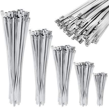 Celepoir 180 pieces stainless steel cable ties set, 100 mm/150 mm/200 mm/250 mm/300 mm metal cable ties, UV-resistant, stainless steel metal cable ties for fastening balcony fences, garden fences,