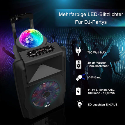 Pyle Partybox, suur Bluetooth-kõlar, 700W Boombox laetavate akude ja mikrofonikomplektiga, kaasaskantav muusikakarp, karaokekarp värvilise LED-valgusega, PA-süsteem USB, SD, FM, BT, AUX, käepideme ja ratastega
