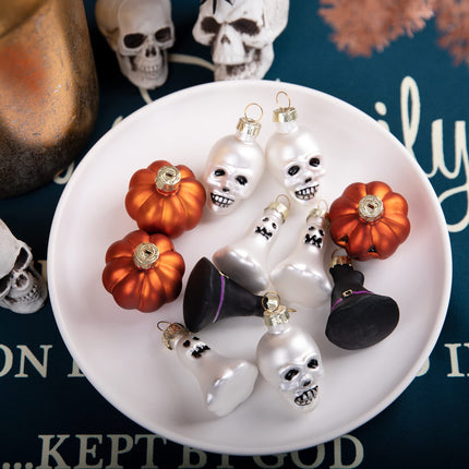 Watayo Halloween Glass Ornaments, Halloween Decorations, Glass Blown Ornaments with Pumpkin, Ghost, Skull, Witch Hat for Halloween Party, Christmas Tree, Home Decoration, 12 Pieces