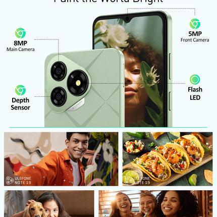 Ulefone Note 19 Android 14 mobiiltelefon, 6GB RAM+32GB ROM/SD-512GB, 6.56" HD+ Octa Core, 5000mAh aku, 8MP+5MP kaamera, nutitelefon ilma lepinguta, kolm kaardipesa, kahe SIM-kaardi pesa, 4G/Face ID/GPS/OTG/FM, must
