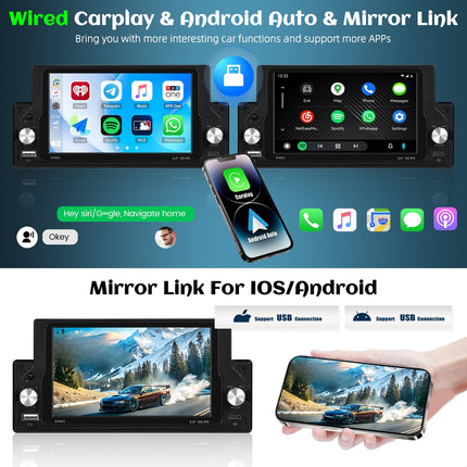 CAMECHO Carplay autoraadio 1 DIN koos Carplay Android Auto-ga, 5,9-tolline puutetundlik ekraan, ühe DIN autoraadio Bluetooth EQ-ga, FM/USB roolil juhtimine + tahavaatekaamera ja mikrofon