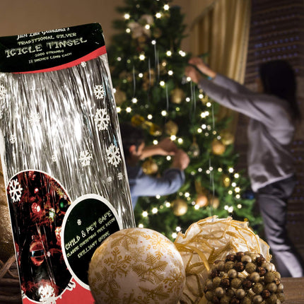 Premium Silver Tinsel for Christmas Tree, 2000 Old-Fashioned Shiny Mylar Threads, Child and Pet Safe (Lead-Free), for Hanging with Ornaments and Christmas Decorations Silver
