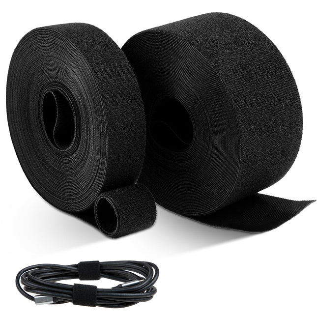 2 rulli 10 m pikkust takjapaela, laiusega 2,5 cm + 5 cm, isekleepuv kahepoolne takjapaelarull firmalt Nearockle, korduvsuletav takjapaelakinnitus kaablite, juhtmete, voolikute ja muu korrastamiseks.