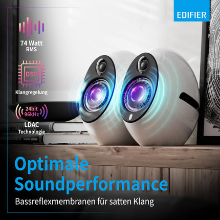Edifier E25HD Bluetooth kõlarikomplekt – 74 vatti – suurepärane helikvaliteet bassrefleksmembraaniga – LDAC tehnoloogia – Bluetooth 5.3 – elegantne disain – optilised + Aux ühendused – valge