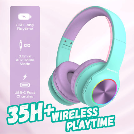Laste Bluetooth-kõrvaklapid, PowerLocus laste juhtmevabad kõrvaklapid LED-tuledega, helitugevuse piirang 74/85/94dB, kokkupandav peakomplekt, HD-stereo, Micro SD, sisseehitatud mikrofon kooli/sülearvuti/mobiiltelefoni/teleri jaoks