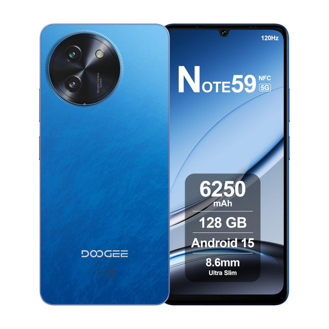 DOOGEE Note59 5G Smartphone Android 15, 32GB RAM + 128GB ROM, 6250mAh Battery, 6.75-inch HD+ 120Hz Display, 16MP AI Camera, Octa-Core, Dual SIM, NFC, Unlocked Phone, 2025, Blue