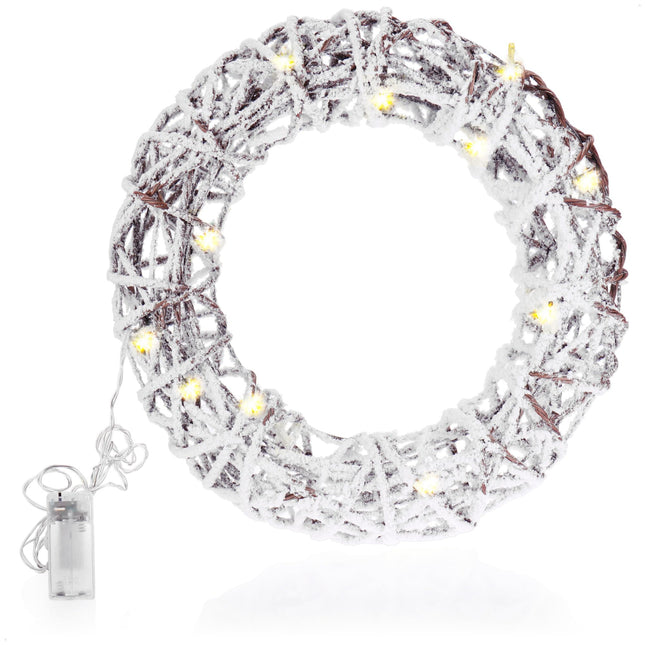 com-four® Kunstlik LED-jõulupärg lumega, talvine uksepärg valgustuse ja taimeriga, dekoratiivne pärg 20 sooja valge LED-iga, lauapärg meeleoluvalgustusega (01 tk - valge - pärg 40cm)
