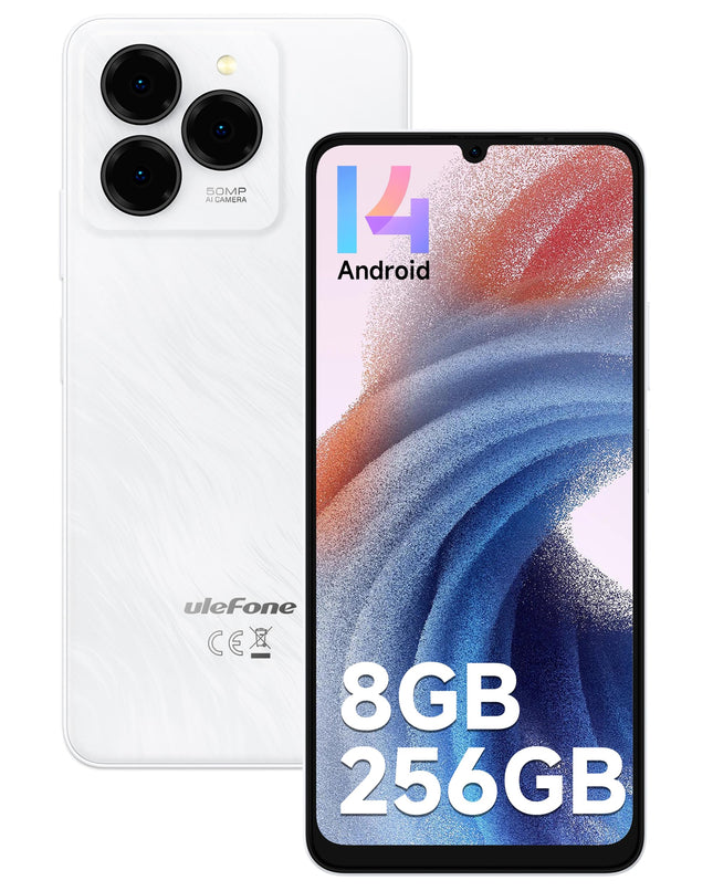 Ulefone Note 20 Pro lukustamata mobiiltelefon 8GB+256GB/1TB laiendatav, 50MP kaamera, 6000mAh Android 14 kaheksatuumaline nutitelefon, 6,75" HD+ ekraan 90Hz 4G kahe SIM-kaardiga mobiiltelefonid, WIFI 5G sõrmejäljelugeja, näotuvastus, GPS OTG-valge