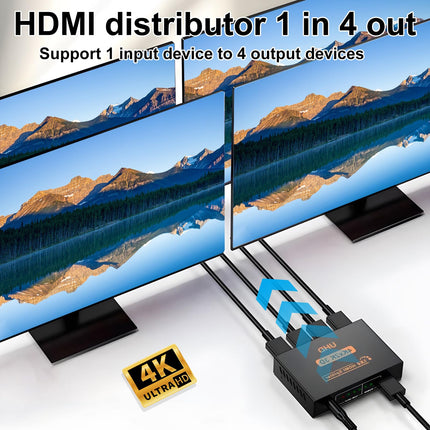 MxyVrix HDMI jaotur 1 sisend 4 väljund HDMI jaotur 4K 3D 1080P duplikaat/peegel monitorile, PS3/4-le, X-Boxile, HDTV-le, DVD-mängijale, projektorile, kvaliteetsele video- ja heliedastusele