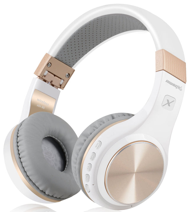 Riwbox Bluetooth kõrvaklapid, XBT-80 kokkupandavad juhtmevabad stereo kõrvaklapid mikrofoni ja helitugevuse regulaatoriga, juhtmega ja juhtmevabad, arvuti/mobiiltelefonide/teleri jaoks (valge ja kuldne)