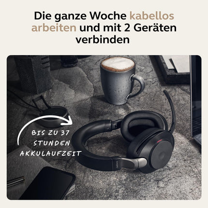 Jabra Evolve2 85 juhtmevabad arvutipeakomplektid – mürasummutavad Microsoft Teamsi sertifitseeritud stereokõrvaklapid pika tööeaga akuga – USB-A Bluetooth-adapter – must
