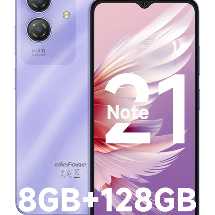 Ulefone Note 21 mobiiltelefon Android 14, 8 GB RAM + 128 GB ROM / SD-1TB, 6,56" HD+ Octa Core, 5000mAh aku, 13MP + 8MP kaamera. Nutitelefon ilma lepinguta. Widevine L1 Dual SIM 4G / sõrmejäljelugeja / näotuvastusega / GPS / OTG / FM. Lilla.