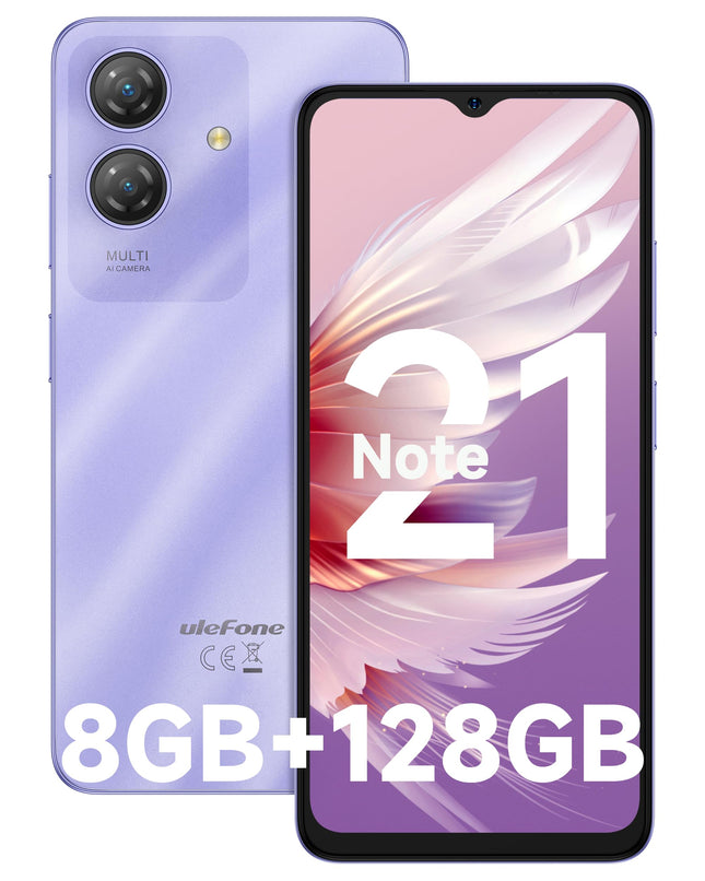 Ulefone Note 21 mobiiltelefon Android 14, 8 GB RAM + 128 GB ROM / SD-1TB, 6,56" HD+ Octa Core, 5000mAh aku, 13MP + 8MP kaamera. Nutitelefon ilma lepinguta. Widevine L1 Dual SIM 4G / sõrmejäljelugeja / näotuvastusega / GPS / OTG / FM. Lilla.