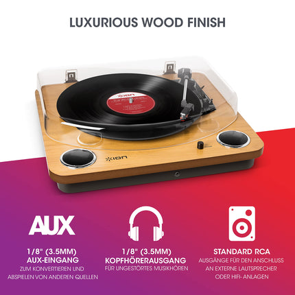 ION Audio Max LP - Vinyl Record Player Bluetooth with Built-in Speakers and USB, Wood Color