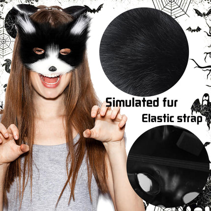 AUNGKWANG 3 Pieces Black and White Furry Fox Mask, Tail and Paws Gloves Set, Cosplay Costume Accessory for Halloween Christmas Carnival Party Dressing Up for Kids and Adults