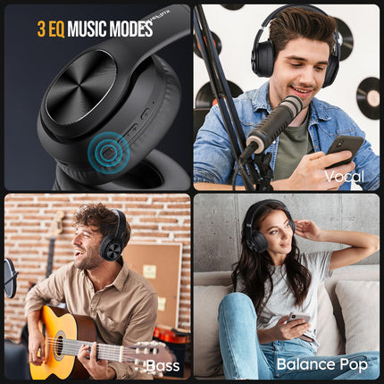 TuneFlux Bluetooth kõrvaklapid, 80 tundi aku tööiga, juhtmevabad Bluetooth kõrvaklapid 3 ekvalaiseri režiimiga, HiFi stereo, sisseehitatud mikrofon, kokkupandavad juhtmevabad kõrvaklapid - mustad