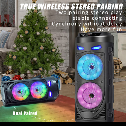 Portable Bluetooth Speaker, 30W Wireless with Dual 4'' Stereo Sound, LED Lighting, Remote Control, Supports EQ, TWS, USB, TF, AUX, for Travel, Home, Party
