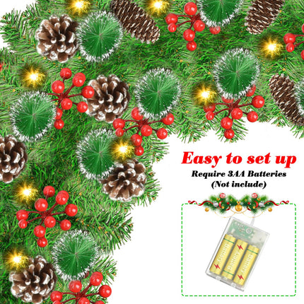 Christmas Garland with Lights - 2.7 M/9FT Garland Christmas Decoration with 30 LEDs, Artificial Christmas Wreath for Fireplace, Stairs, Door, Window, Indoor, Outdoor