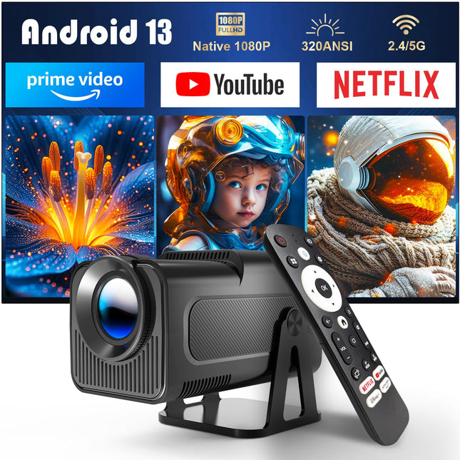 [Netflixi ametlik] Android 13 nutiprojektor erinevate ametlike telerirakendustega, häälassistendiga, 1080P natiivne/optiline eraldusvõime 320ANSI, 12000 luumenit, 5G WiFi, automaatne trapetsikorrektsiooniga projektor kodukino/õue jaoks