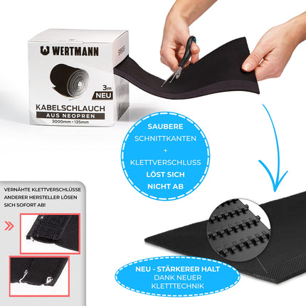 Wertmann Neoprene Cable Sleeve Black [3m] Cable Management for TV or PC Cable Management Desk - Adjustable Diameter - as Flexible Cable Channel Black or as Cable Protection Dog