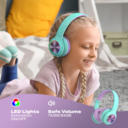 Laste Bluetooth-kõrvaklapid, PowerLocus laste juhtmevabad kõrvaklapid LED-tuledega, helitugevuse piirang 74/85/94dB, kokkupandav peakomplekt, HD-stereo, Micro SD, sisseehitatud mikrofon kooli/sülearvuti/mobiiltelefoni/teleri jaoks