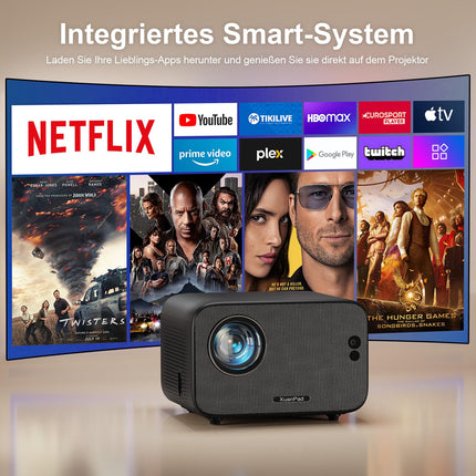[Netflixi-sertifitseeritud ja autofookusega] XuanPad projektor 1080P miniprojektor WiFi ja Bluetoothiga, 210° pööratava alusega, automaatse trapetsikorrektsiooni, tolmufiltri ja soojuse hajutamise süsteemiga