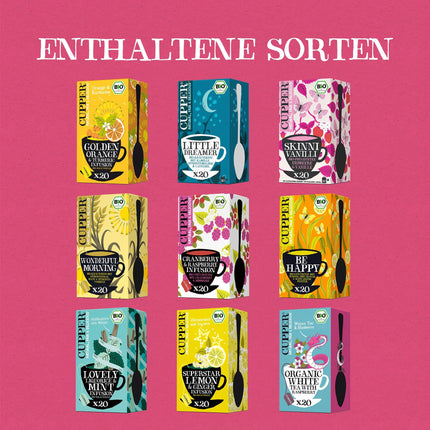 Cupper orgaanilise tee kinkekomplekt, teekomplekt, kingiidee, värviline teekarp 9 erineva sordiga, valitud taime- ja puuviljateede kollektsioon (1 karp, 45 teekotti)