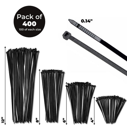 Bolt Dropper Cable Ties (400-Pack, 100 per size) - 18 kg Tensile Strength - Self-Locking Premium Nylon Cable Ties for Indoor and Outdoor Use - 10, 15, 20, 30 cm - Black