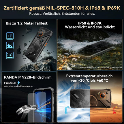 OSCAL Marine 1 Gemini AI 2.0 Outdoor Handy Ohne Vertrag Android 15, 12GB+128GB/2TB TF Outdoor Smartphone, 6.56" HD+ 90Hz, 16MP+8MP AI Kamera Baustellenhandy, IP69K Wasserdicht, Dual SIM 4G/NFC/OTG/GPS