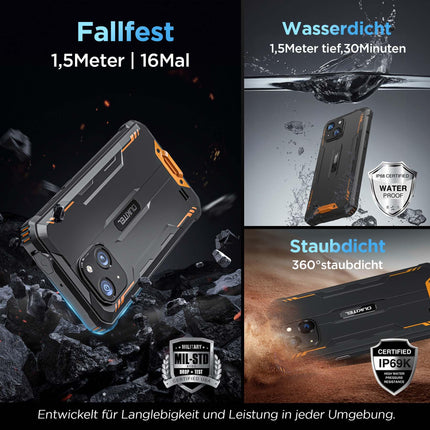 OUKITEL G2 välistingimustes kasutatav nutitelefon ilma lepinguta, Android 14 kaheksatuumaline odav mobiiltelefon, 6300mAh aku, 6" HD+ ekraan, 16GB+64GB mobiiltelefon 4G, IP68 veekindel, 5+13MP kaamera, topelt-SIM, OTG-oranž