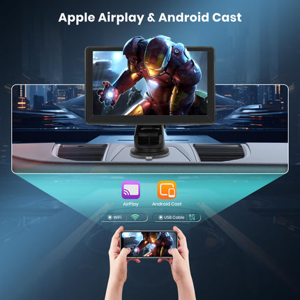 Wireless Apple Carplay Android Auto Portable Car Stereo with Rear Camera 7 Inch Touchscreen Car Radio with Apple Airplay/Android Cast/Dual Bluetooth/FM Transmitter/Voice Control/Siri/GPS/TF/AUX/USB/EQ