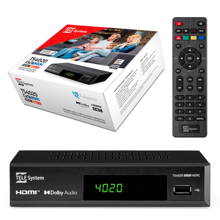 Tele System TS4020 dekooder kahe DVB-T/T2 ja DVB-S/S2 HEVC HD HDR10 HLG tuuneriga, juurdepääs tasuta eetrisse, maapealsele televisioonile ja satelliittelevisioonile ning raadiole. USB-meediapleier muusika ja fotode jaoks.