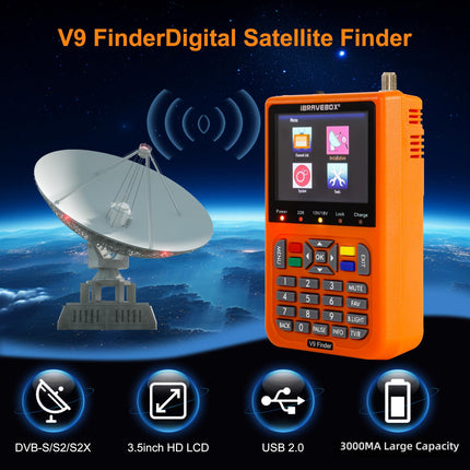Digitaalne satfinder, V9 digitaalne satelliidisignaali otsija sisseehitatud liitiumioonakuga, 3,5-tolline LCD-ekraan, Full HD, 16-bitine, OSD 64 MB, 1 GB, DDR3, tugi H.265 (oranž)